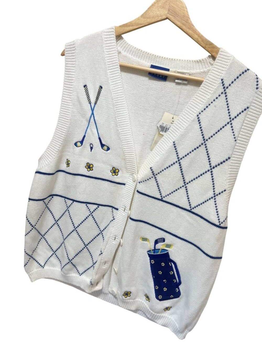 Reset Sport NWT Vintage 90's Dead Stock White Golf-Themed Knit Vest XL With Flor